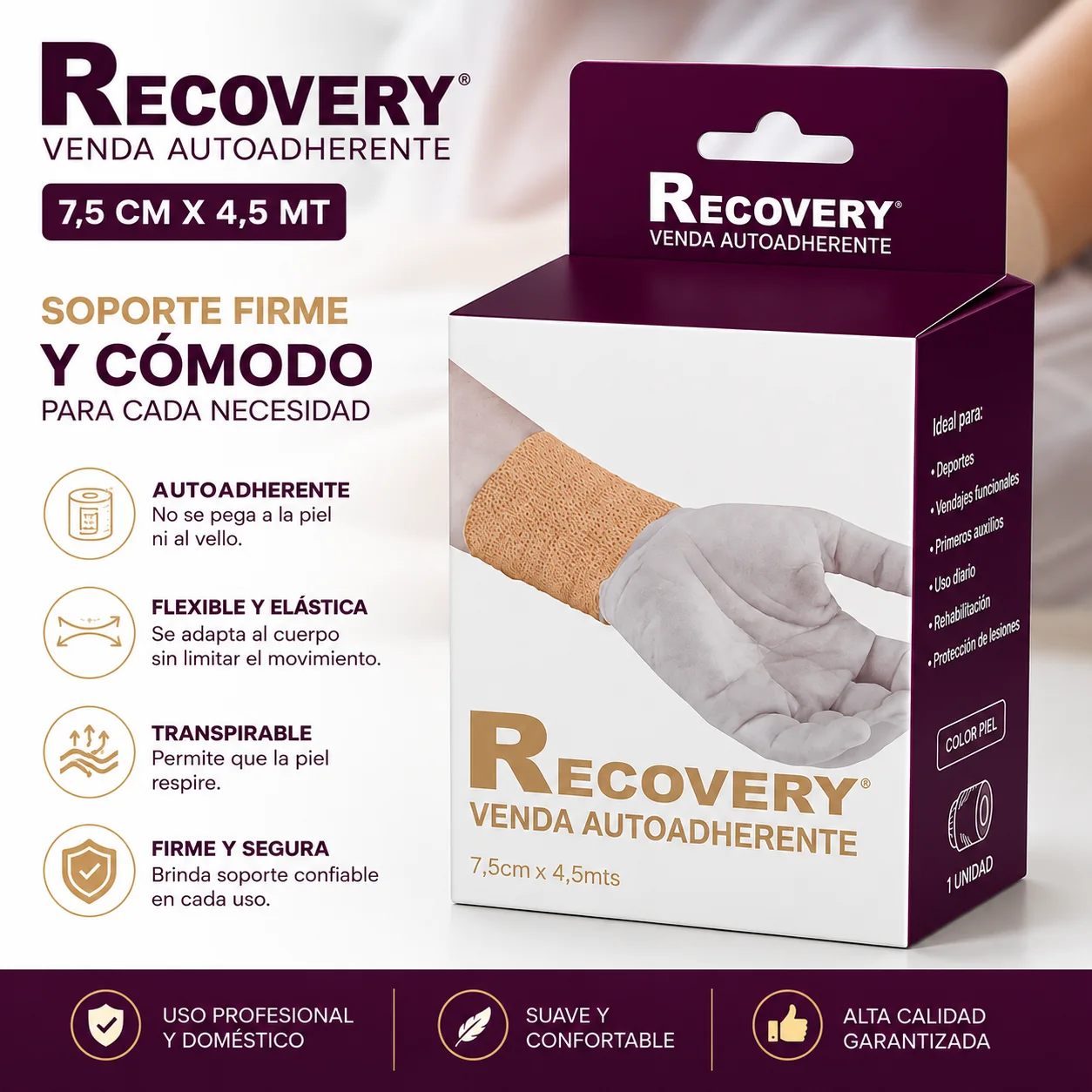 Venda Autoadherente Recovery Color Piel 7,5 cm x 4,5 m