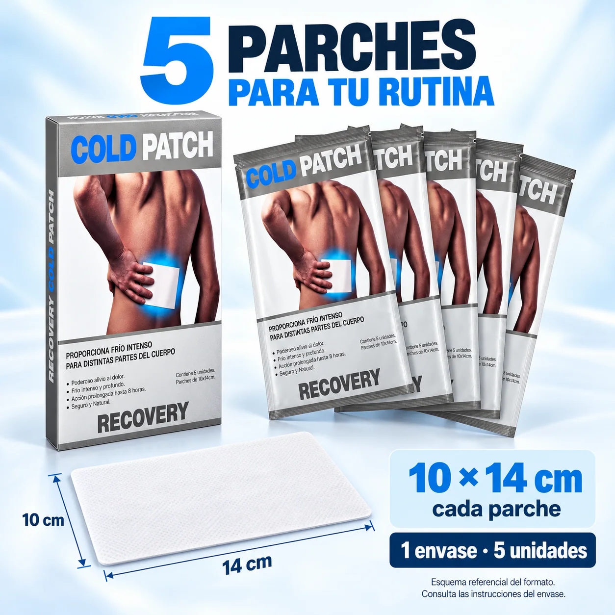 Parches Fríos Recovery Mentolados 10 x 14 cm – 5 Unidades — medidas y contenido: 5 parches de 10 × 14 cm