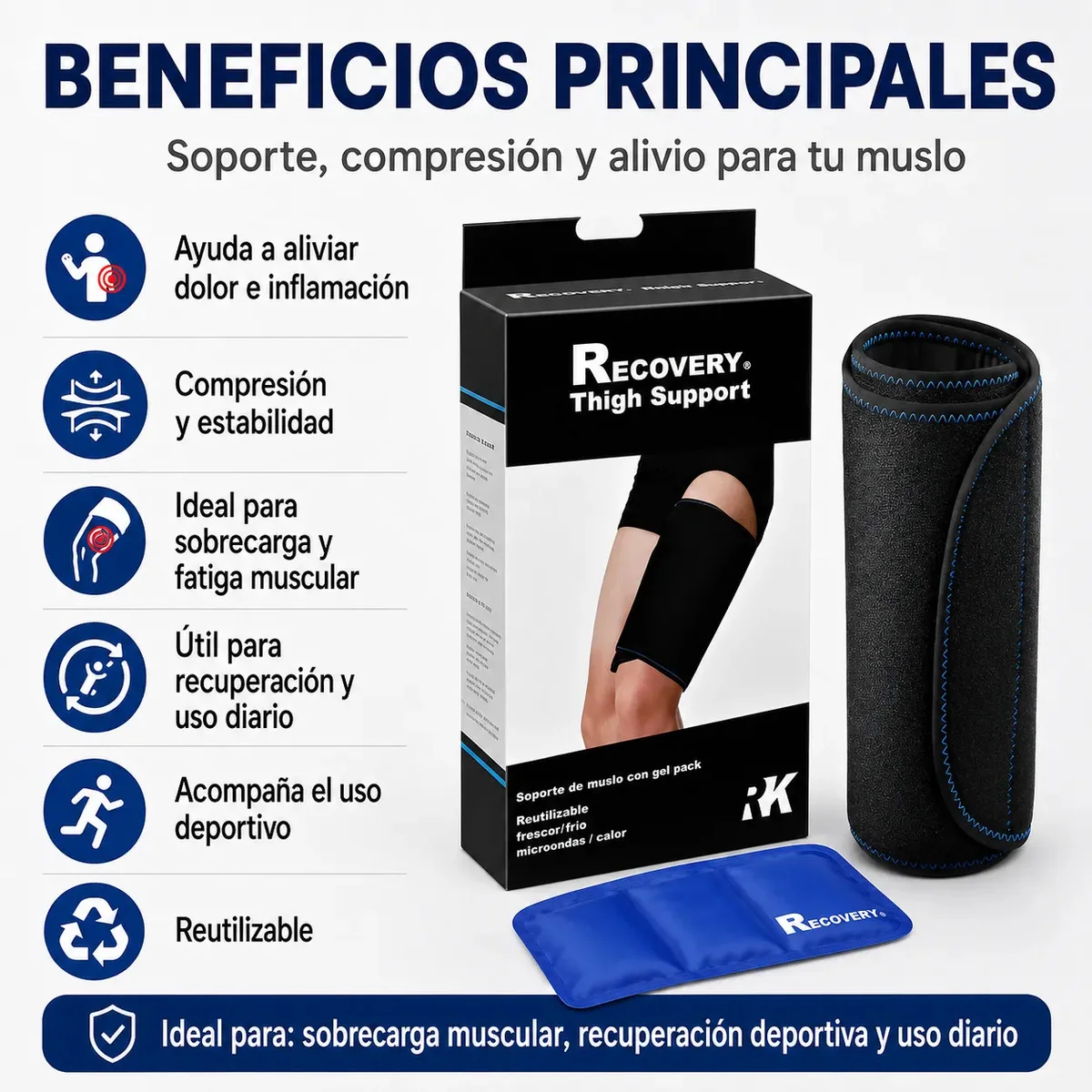 Soporte de Muslo/Pantorrilla Recovery con Gel Pack Frío/Calor — funciones del soporte