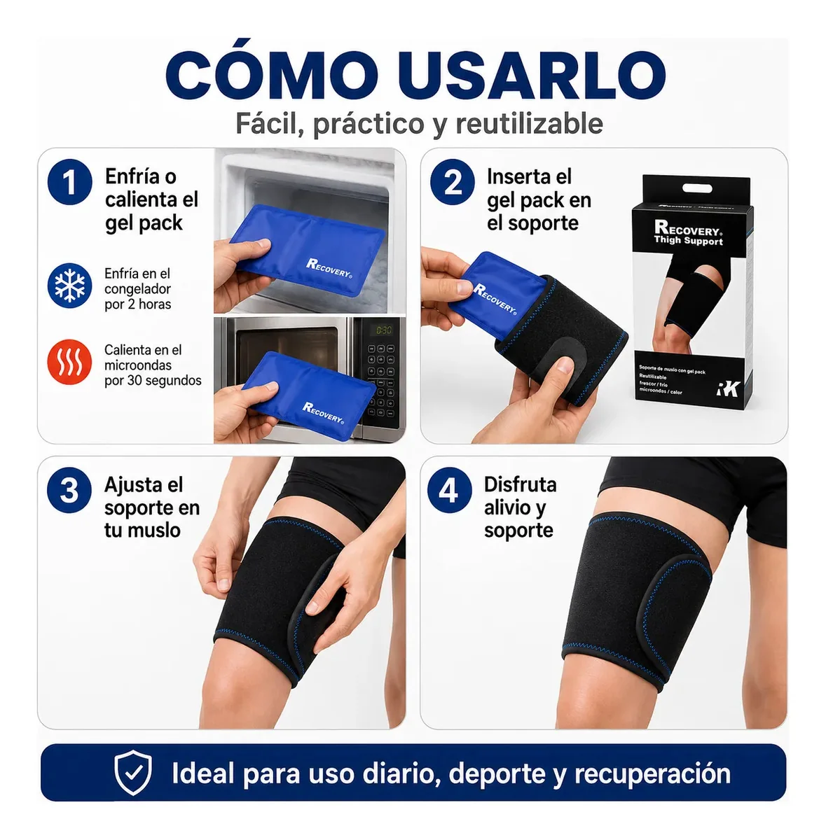 Soporte de Muslo/Pantorrilla Recovery con Gel Pack Frío/Calor — guía de colocación