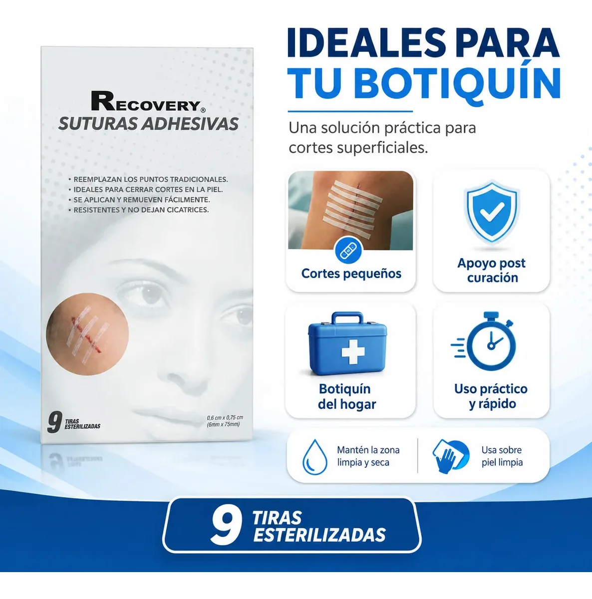 Suturas Adhesivas Recovery 6 x 75 mm – 9 Unidades — contenido y uso previsto