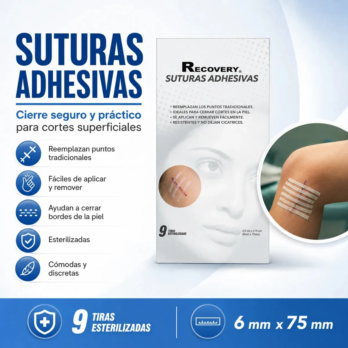 Suturas Adhesivas Recovery 6 x 75 mm – 9 Unidades — detalle del producto