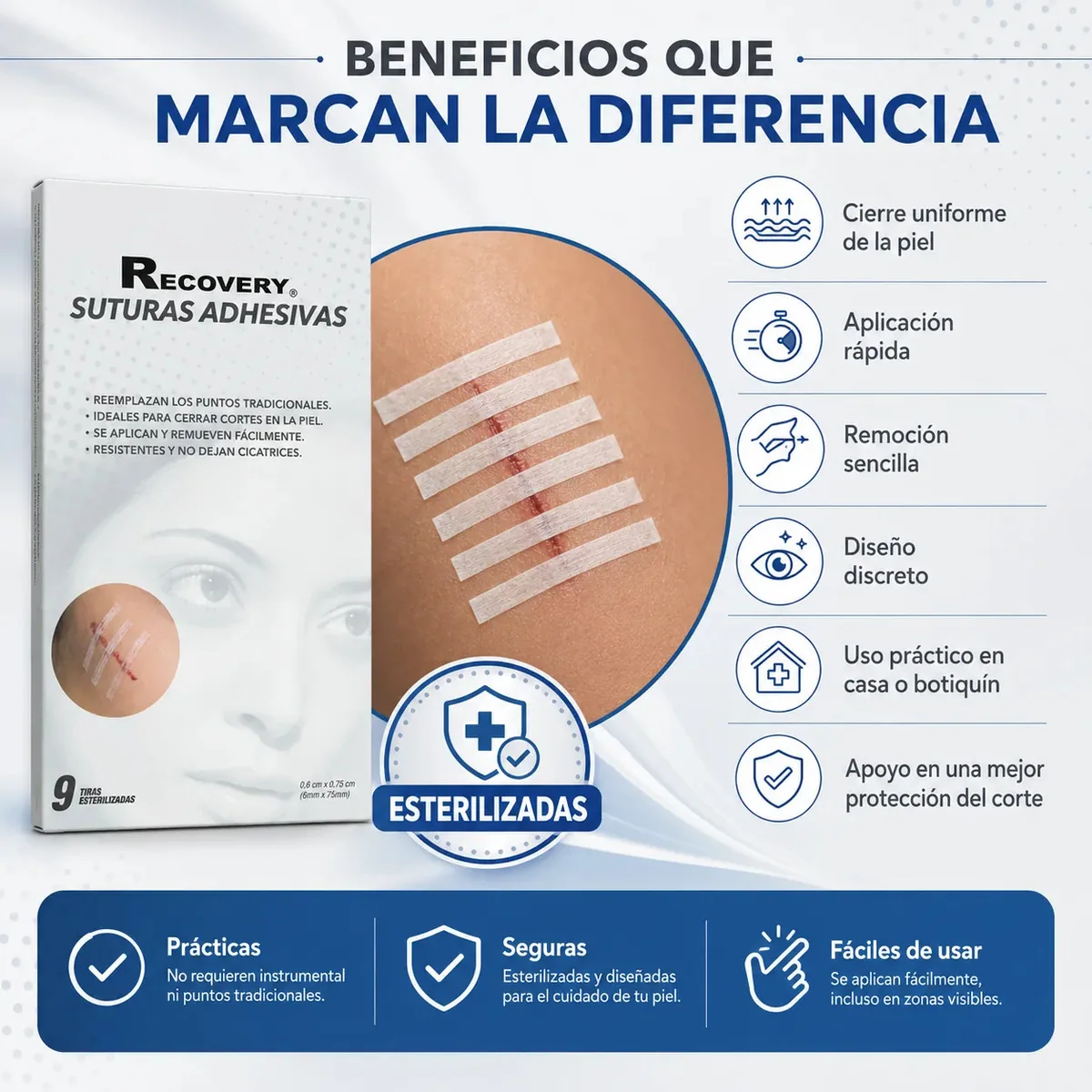 Suturas Adhesivas Recovery 6 x 75 mm – 9 Unidades — características de las suturas