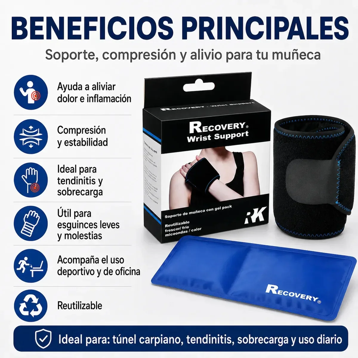 Soporte de Muñeca Recovery con Gel Pack Frío/Calor — características del soporte