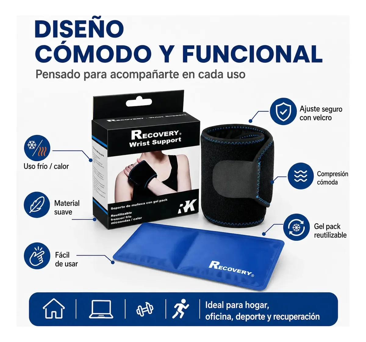 Soporte de Muñeca Recovery con Gel Pack Frío/Calor — material y ajuste