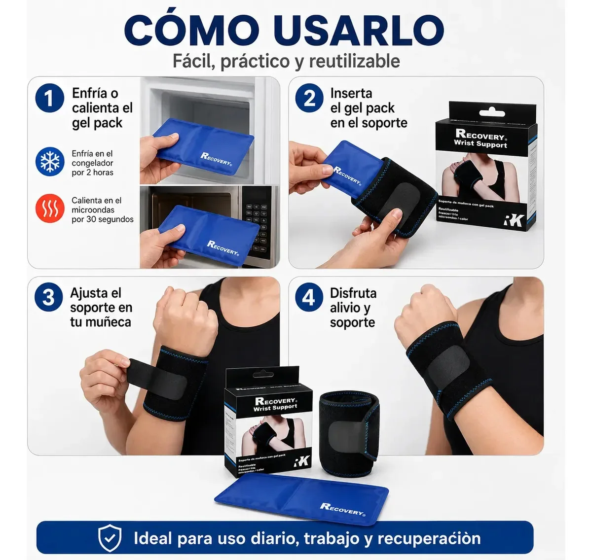 Soporte de Muñeca Recovery con Gel Pack Frío/Calor — guía de colocación