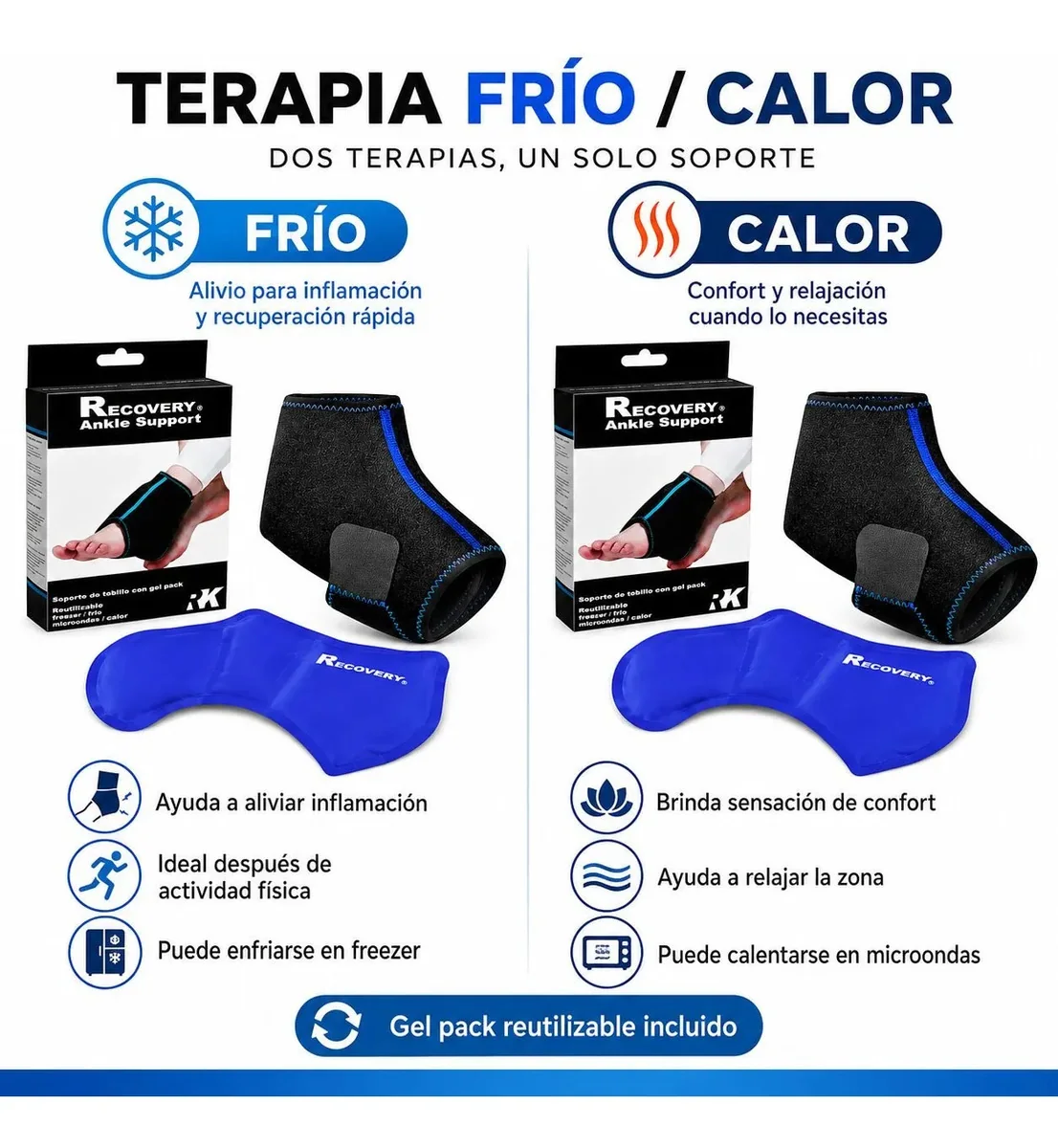 Soporte de Tobillo Recovery con Gel Pack Frío/Calor — uso frío y calor
