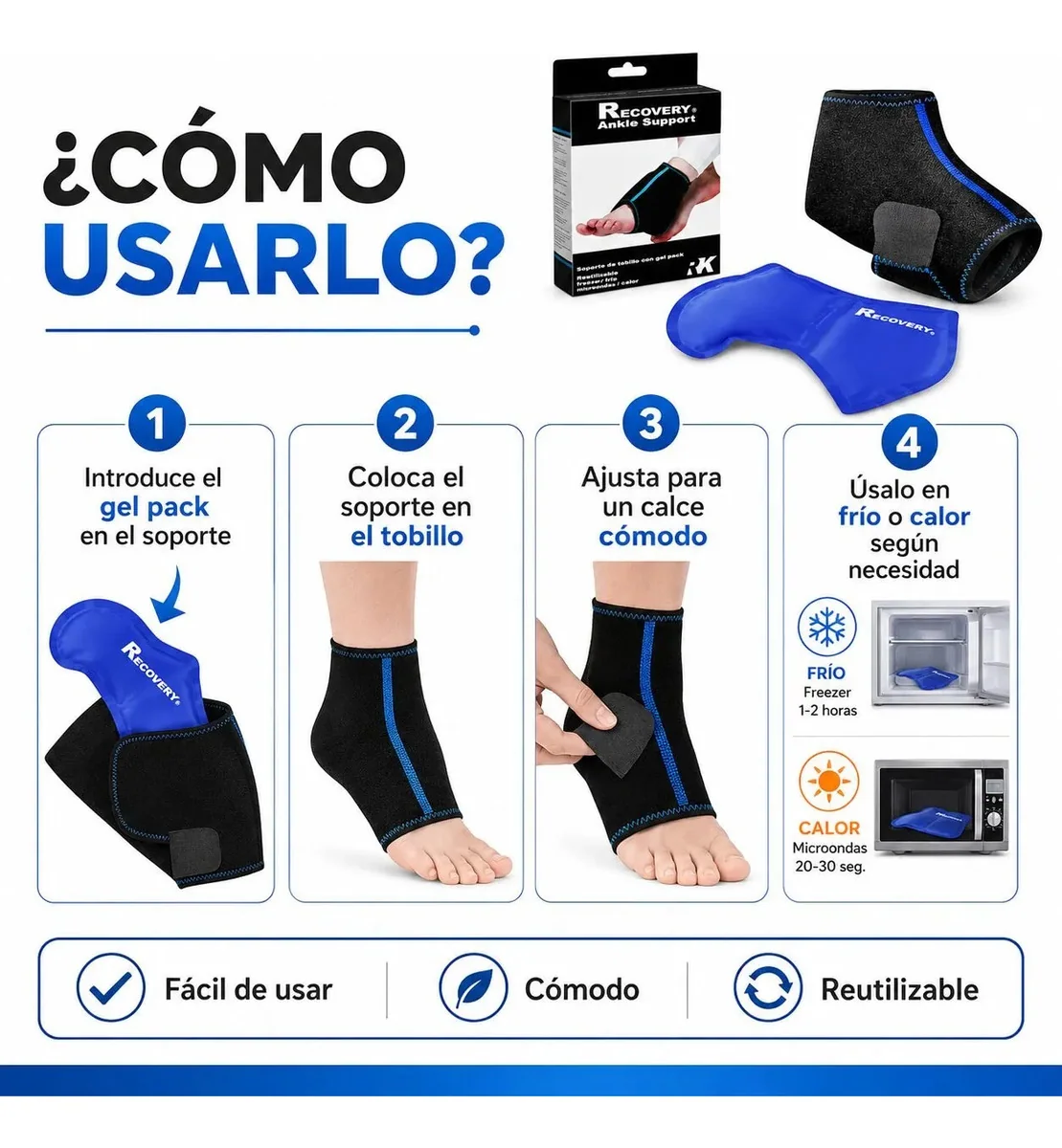 Soporte de Tobillo Recovery con Gel Pack Frío/Calor — guía de colocación