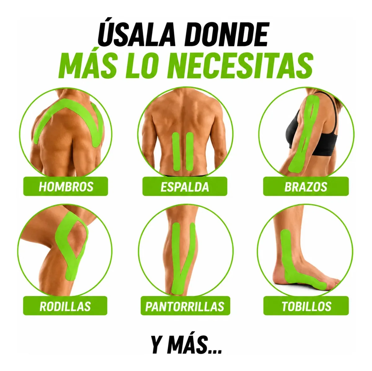 K Tape Recovery Verde 5 cm x 5 m – 20 Tiras Precortadas — zonas de aplicación