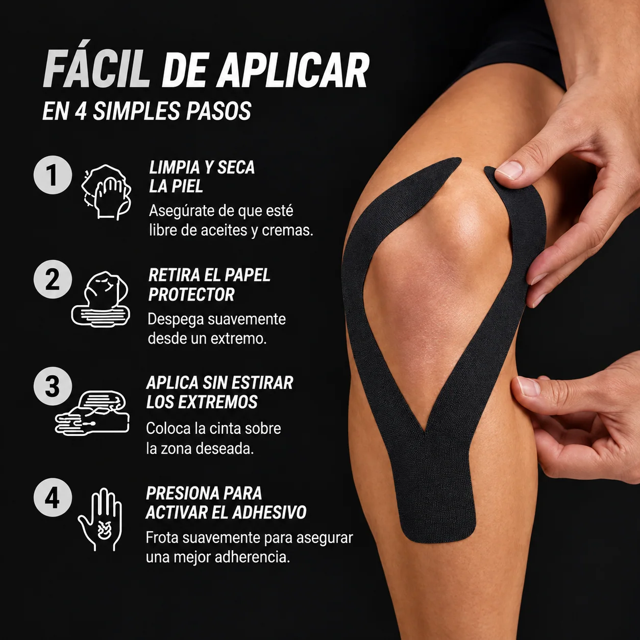 K Tape Recovery Negro 5 cm x 5 m – 20 Tiras Precortadas — guía de aplicación