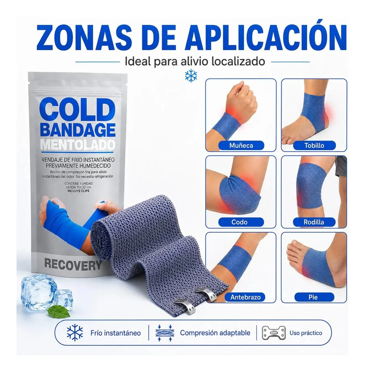 Venda Fría Recovery 10 cm x 122 cm – Compresión Fría — zonas de aplicación