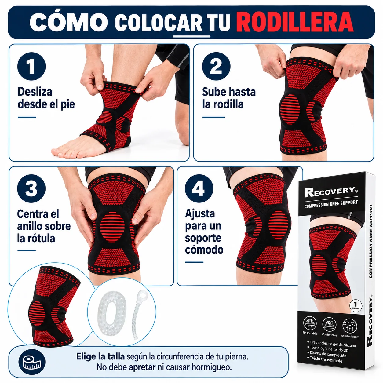 Pack 2 Rodilleras Recovery con Soporte Lateral – Rojo — guía de colocación
