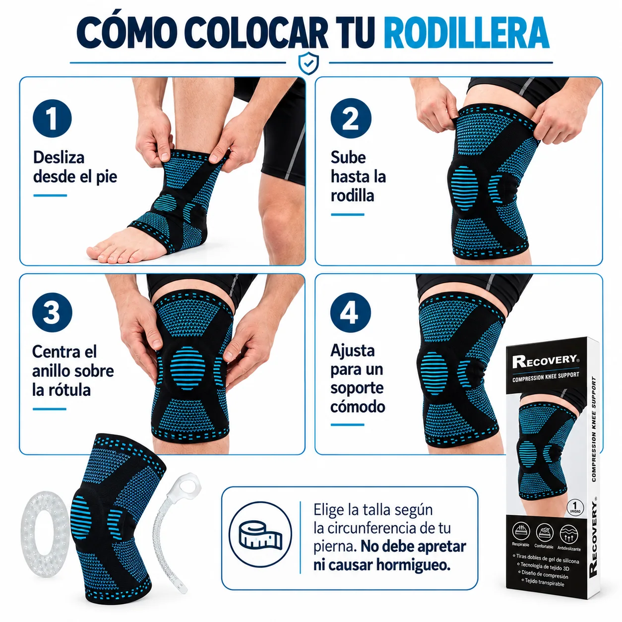 Rodillera Recovery con Soporte Lateral Ajustable – Celeste — guía de colocación