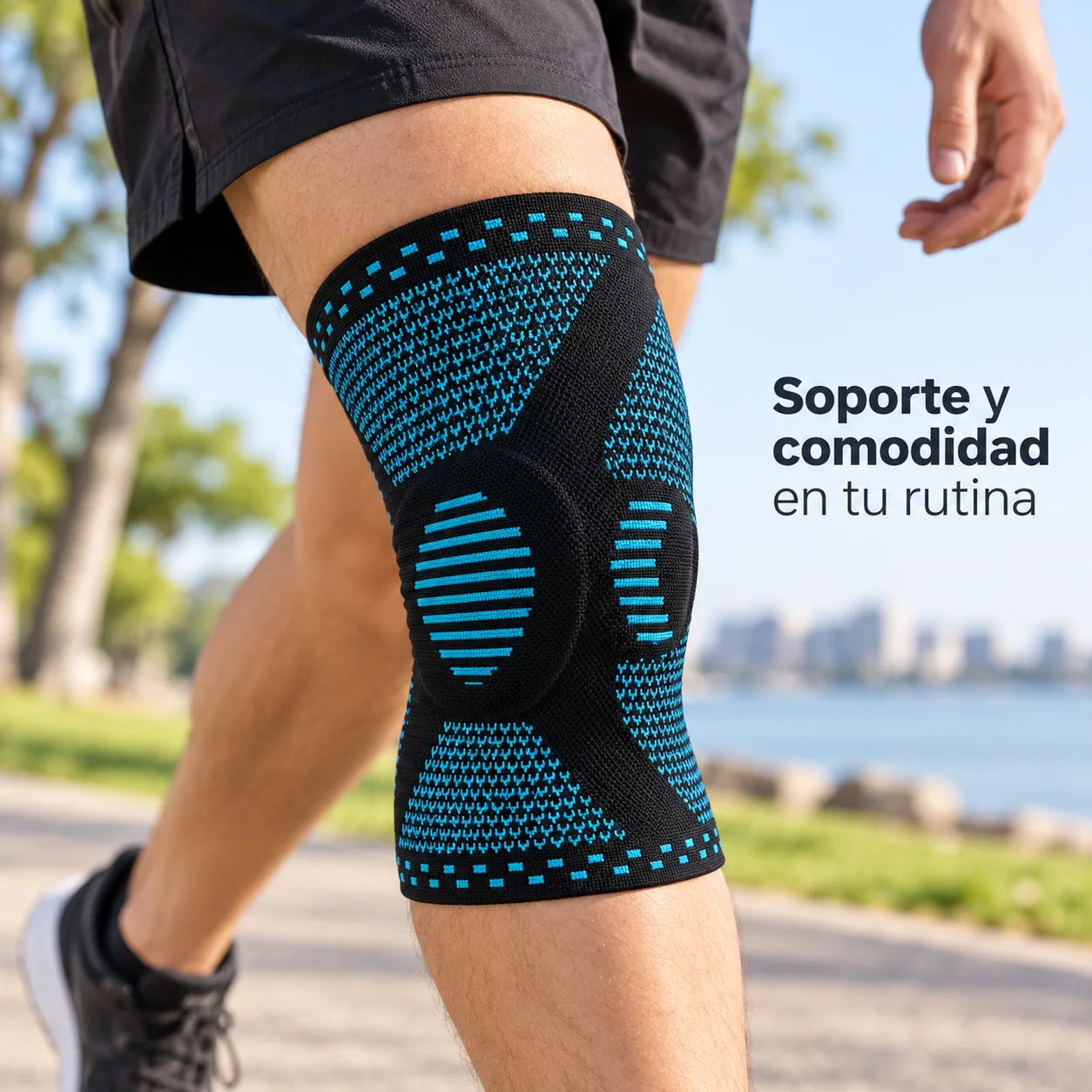 Rodillera Recovery con Soporte Lateral Ajustable – Celeste — ejemplo de uso