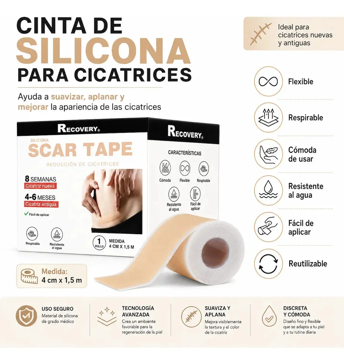 Parche de Silicona Recovery para Cicatrices 4 cm x 1,5 m — medidas y características