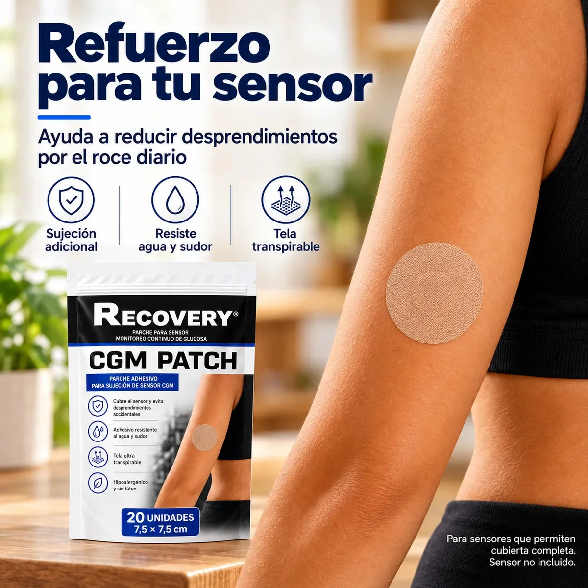 Parches Cerrados para Sensor CGM Recovery 20 Unidades — ejemplo de sujeción del sensor
