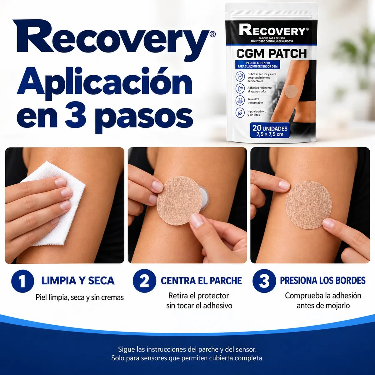 Parches Cerrados para Sensor CGM Recovery 20 Unidades — guía de colocación